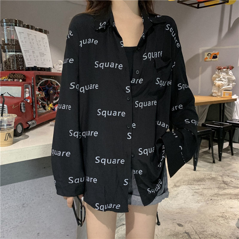 Áo Sơ Mi Dài Tay Dáng Rộng Cổ Chữ V In Chữ Xinh Xắn L654