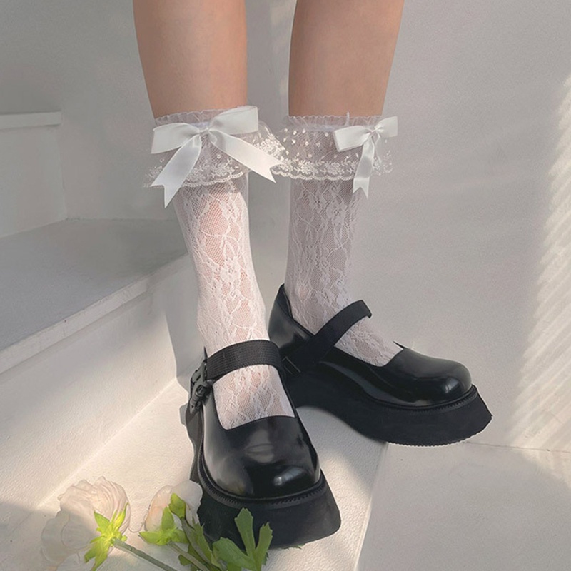 Xixi Đôi Vớ Vải Satin Phối Ren Đính Nơ Họa Tiết Chấm Bi Phong Cách Lolita Nhật Bản Dành Cho Nữ