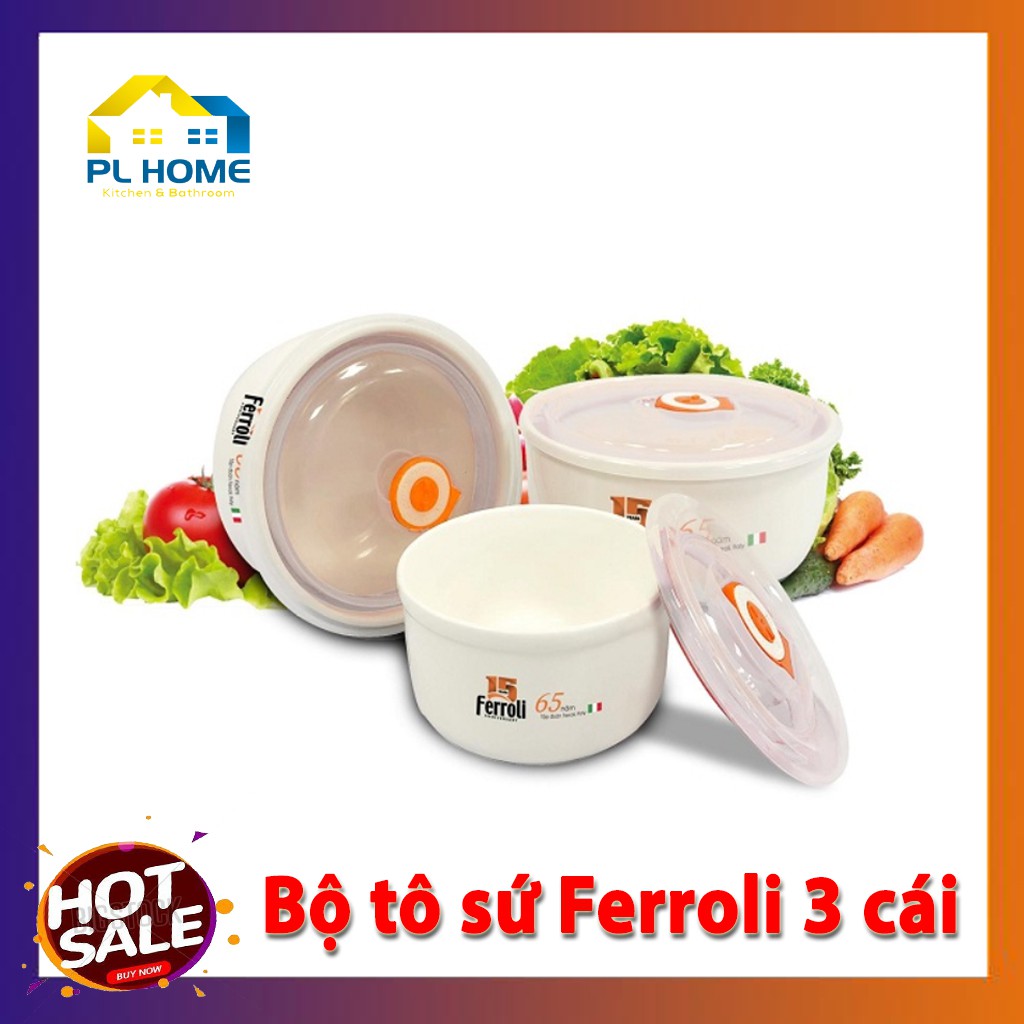 Bộ 3 Thố Sứ Đựng Thực Phẩm Ferroli cao cấp có nắp hút chân không