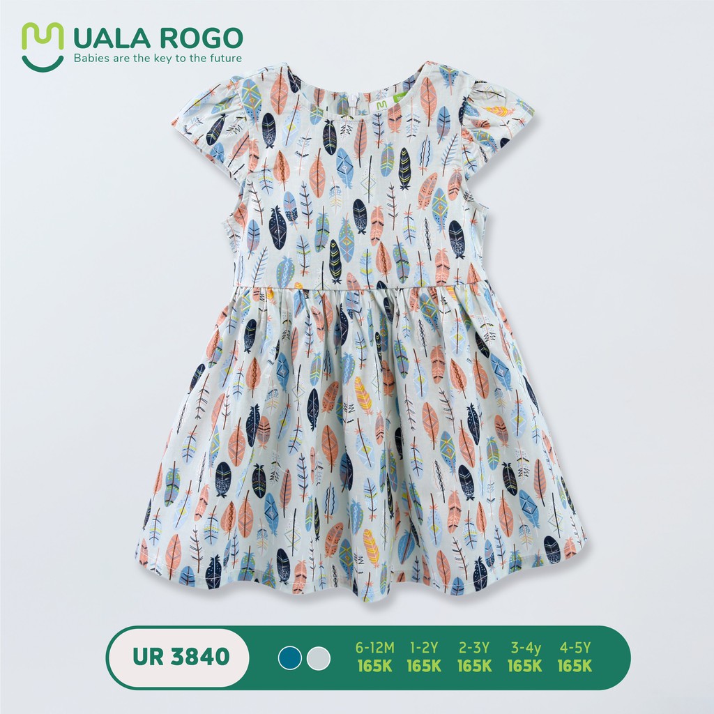 Váy Uala Rogo Cotton 100% cao cấp mềm thoáng mát thấm hút tốt váy tay bồng in lông vũ đáng yêu cho bé gái 3841 3840