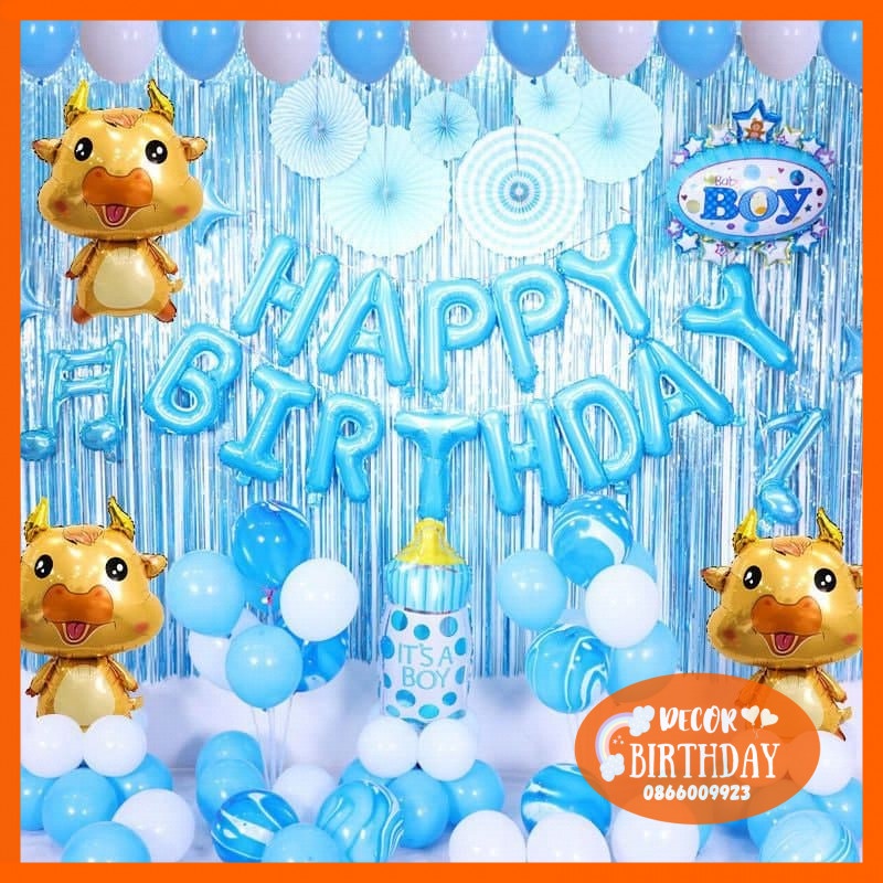 Set Trang Trí Sinh Nhật TUỔI TRÂU Cho Bé Trai, Bóng Y Hình Tặng Kèm Đồ Bơm Băng Dính Bóng