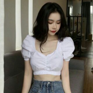 Áo kiểu crop Tay Phồng Bo eo (kèm ảnh thật)