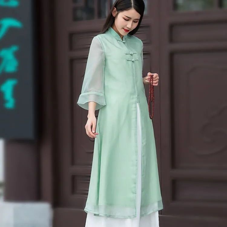Bộ Đầm Sườn Xám Cách Tân / Áo Liền Quần Ống Rộng Thời Trang Xuân Thu Phong Cách Mới Cho Nữ IN8E