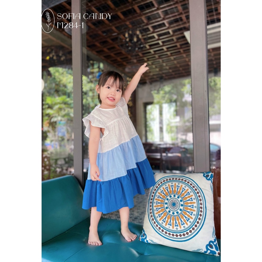 ĐẦM TẦNG PHỐI MÀU XANH CHO BÉ GÁI