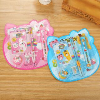 Bộ dụng cụ học tập 7 món thước kẻ, bút chì, gọt bút chì, gôm tẩy, sổ tay mini