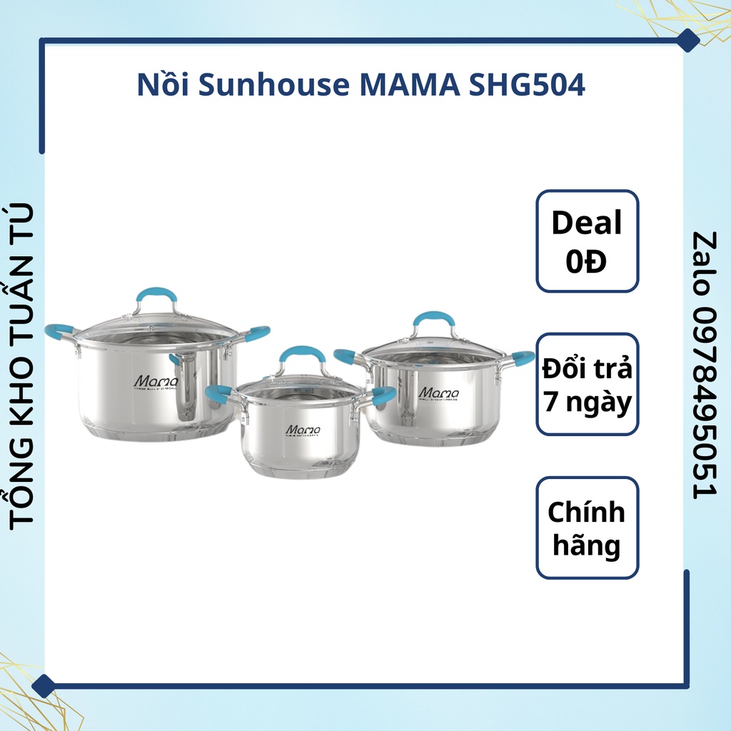 Bộ Nồi Sunhouse MAMA SHG504 inox cao cấp hàng chính hãng inox 304 không bị oxi hóa