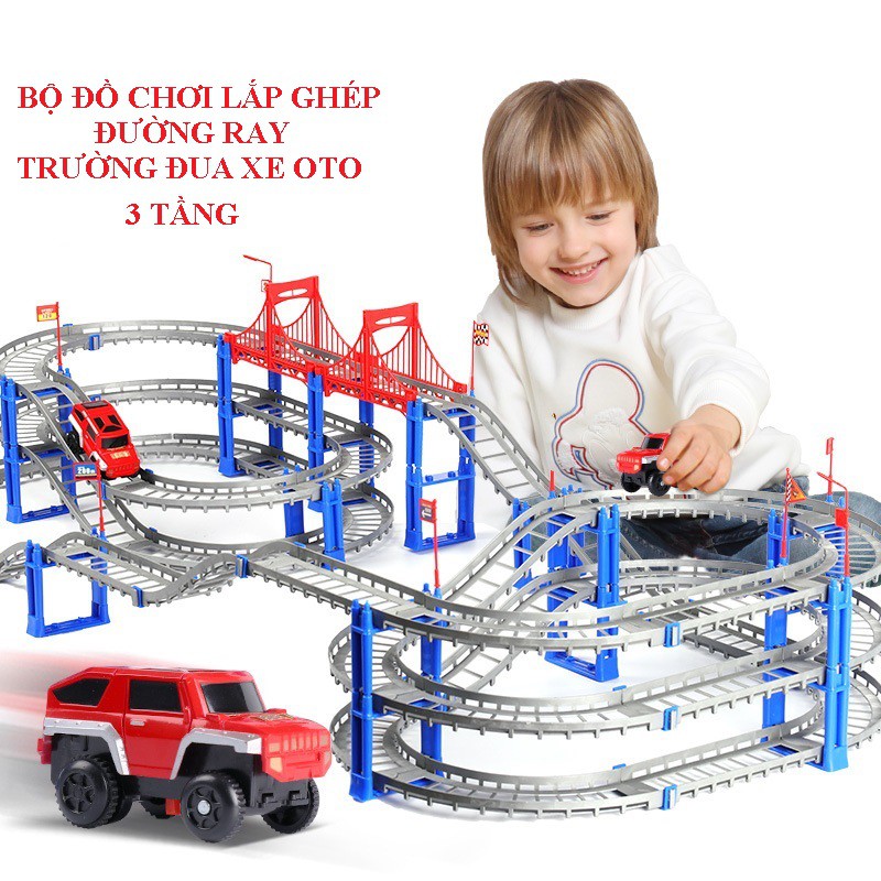 ĐỒ CHƠI TRẺ EM BỘ ĐỒ CHƠI LẮP GHÉP ĐƯỜNG RAY Ô TÔ VÀ TÀU LƯỢN 3 TÂNG