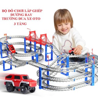 Đồ chơi trẻ em bộ đồ chơi lắp ghép đường ray ô tô và tàu lượn 3 tâng