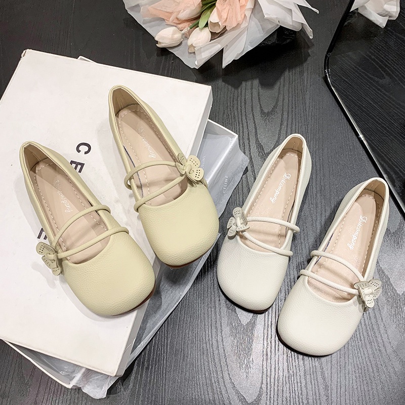 ❤Giày Búp Bê Da Mũi Tròn Đế Mềm Đính Hoa Phong Cách Hàn Quốc Cho Nữ