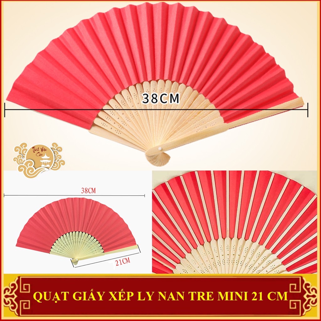 Quạt giấy xếp ly nan tre mini Tĩnh Vân Các màu đỏ