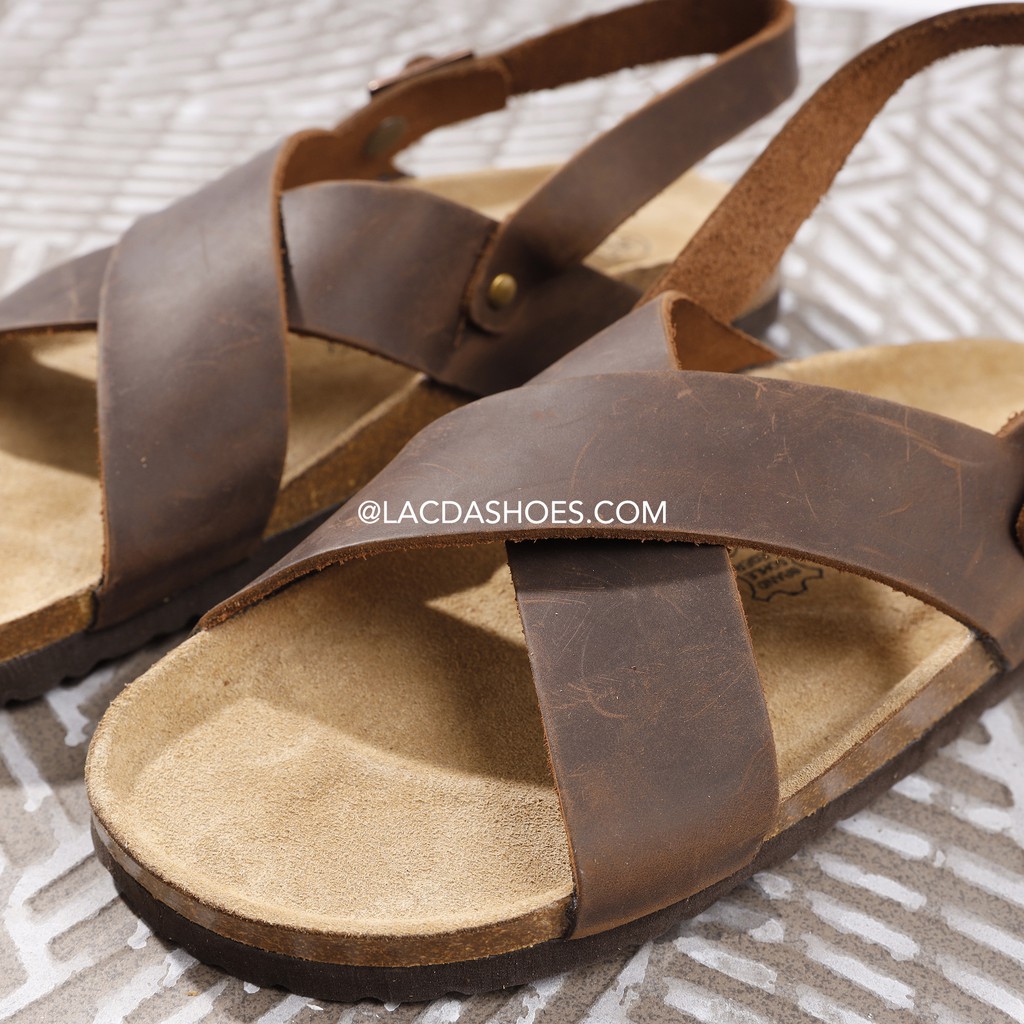 Sandal Lacda nam nữ đế trấu quai chéo vintage nâu da bò thật