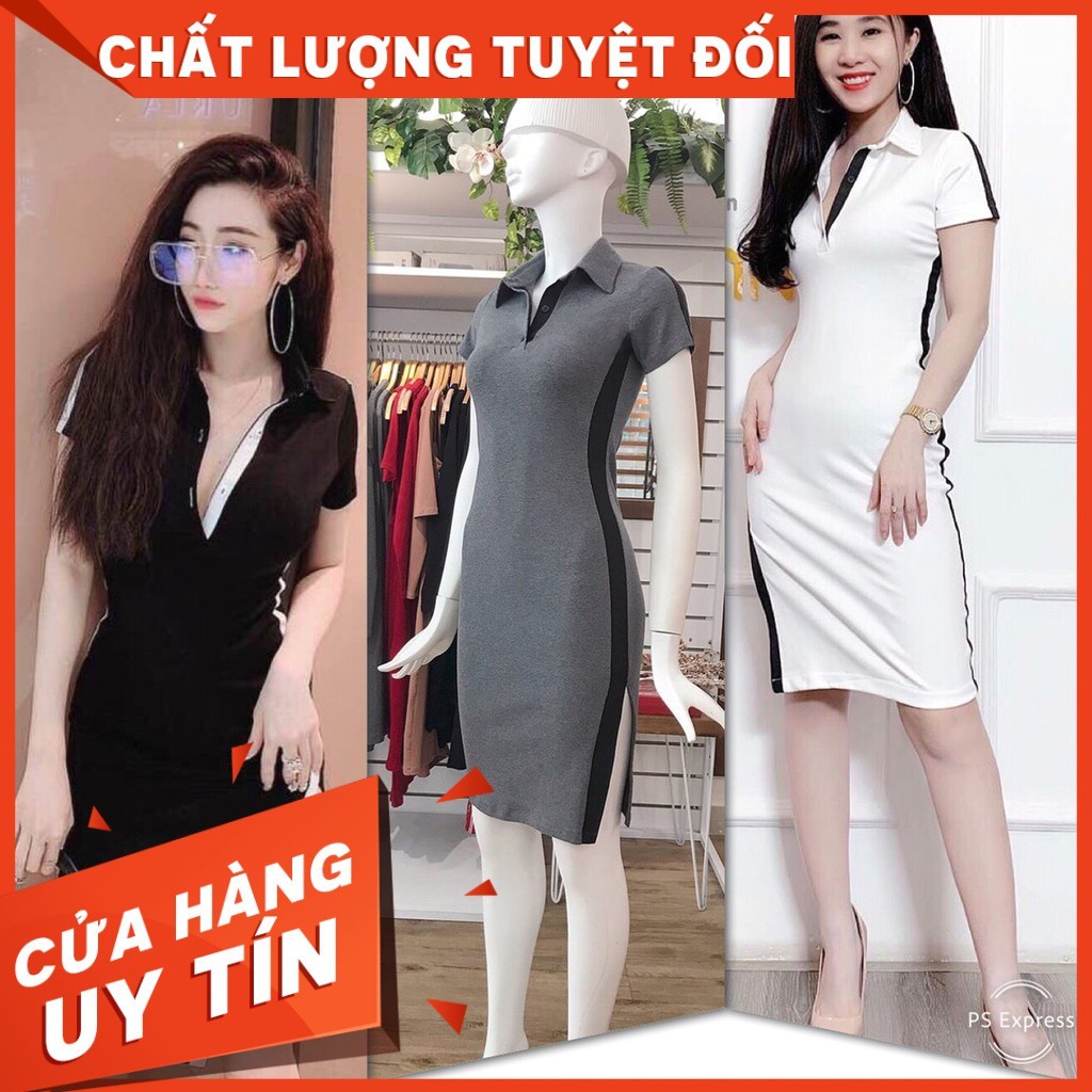 ĐẦM BODY XẺ TÀ CỔ TRỤ NÚT VIỀN EO