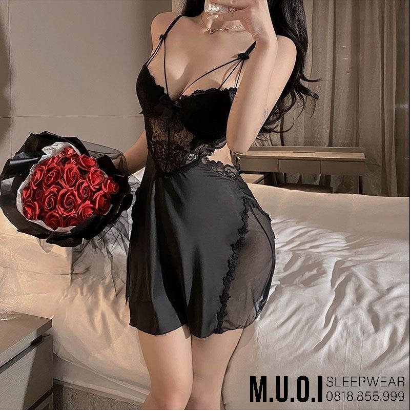 [FREESHIP] Váy ngủ sexy QUẢNG CHÂU - SX 188 - Váy ngủ lua phối ren ngực nơ đan dây sexy - Hàng có sẵn (video+ ảnh)