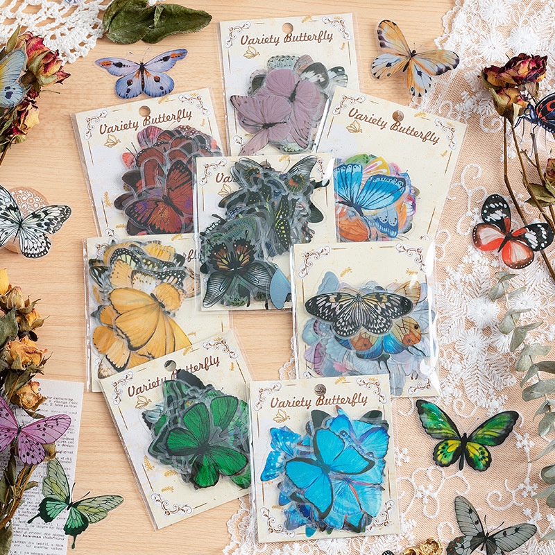 Set 40 chiếc sticker PE trong suốt BƯỚM SẮC MÀU vintage retro cổ điển dùng trang trí Sổ Bullet Journal, Scrapbook