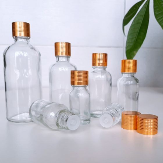 TỔNG KHO SỈ - 10 Bộ vỏ Chai thủy tinh ( chai trong xuốt + nắp vàng) : 50ml 100ml