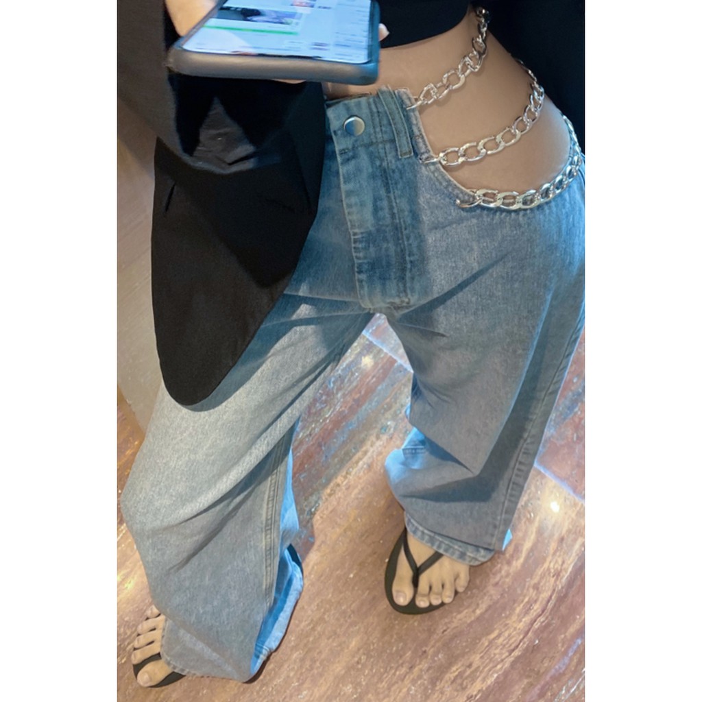 JANE'S Quần jean ống rộng dáng suông eo phối mắt xích thời thượng kiểu dáng mới  lạ ưa nhìn