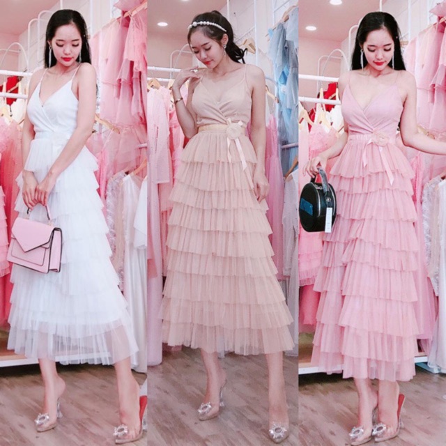 Đầm dự tiệc 2 dây tầng lưới siêu xinh ảnh thật