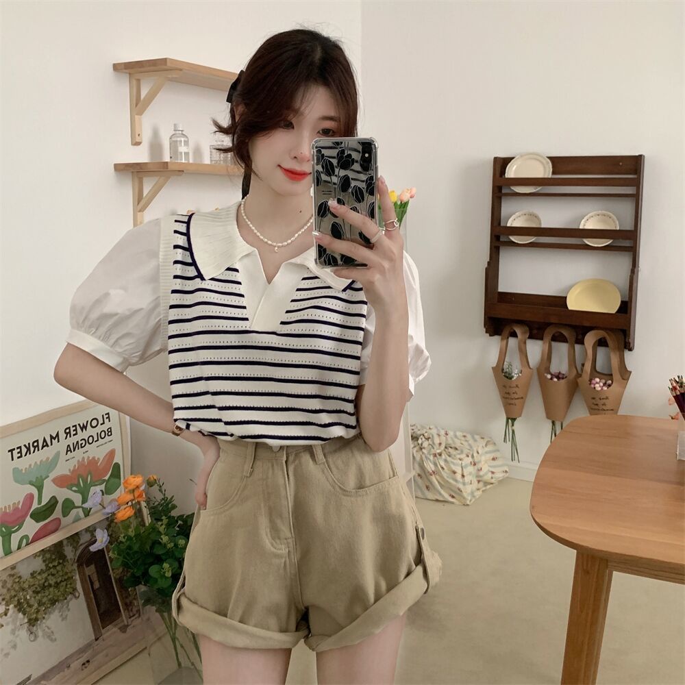 Áo Thun polo Ngắn Tay Họa Tiết Sọc Ngang Thời Trang Dành Cho Nữ  tao bao