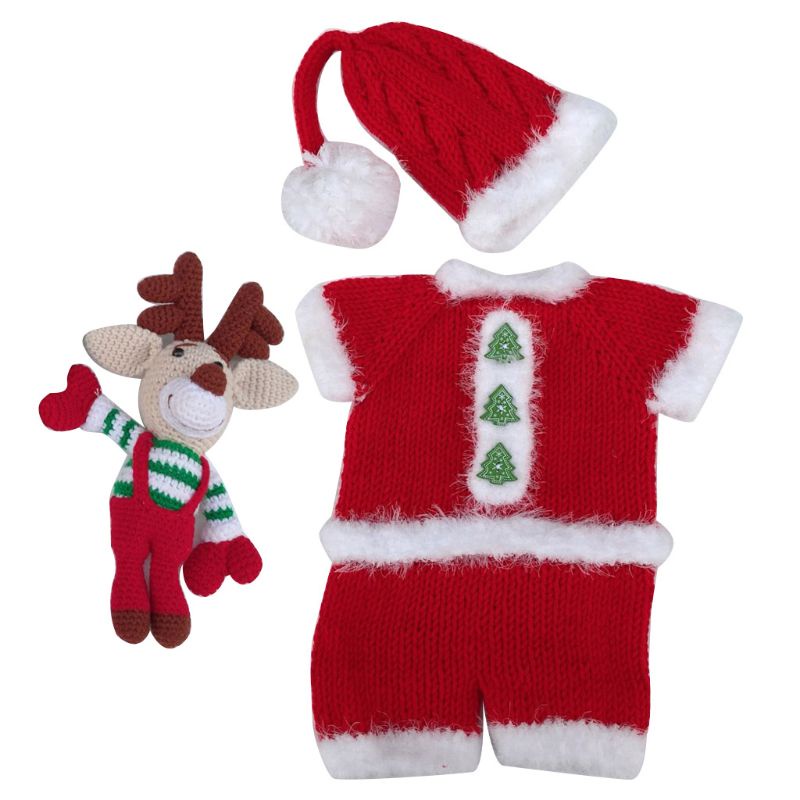 Bộ Trang Phục 3 Món Gồm Mũ + Búp Bê Hươu + Áo liền quần Dệt Kim Dùng Chụp Ảnh Cho Bé Sơ Sinh