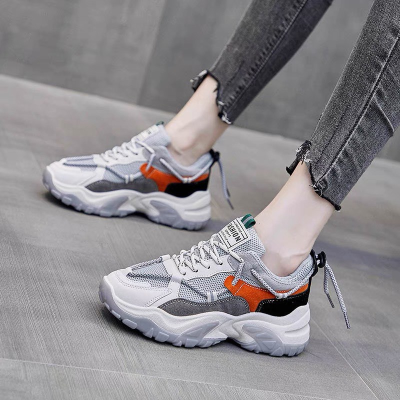 Giày thể thao nữ Zhixun - giày sneaker nữ có 2 phối màu trắng xám &amp; trắng cam chất da phối lưới độn đế cao đẹp giá rẻ