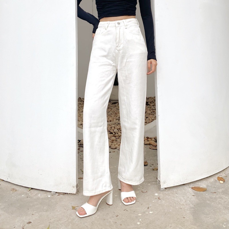 Quần jeans ống đứng dài cạp cao quần jeans nữ ống rộng basic cạp cao J434 Ảnh thật