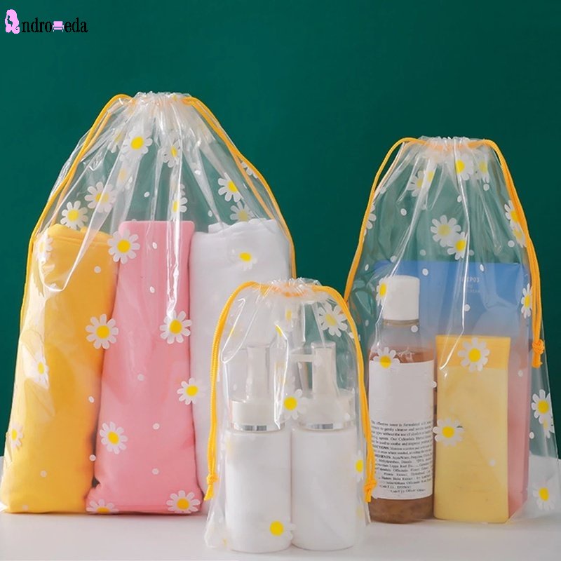 1 Túi Đựng Mỹ Phẩm Trong Suốt Chống Thấm Nước Có Dây Rút In Họa Tiết Hoa Cúc Xinh Xắn