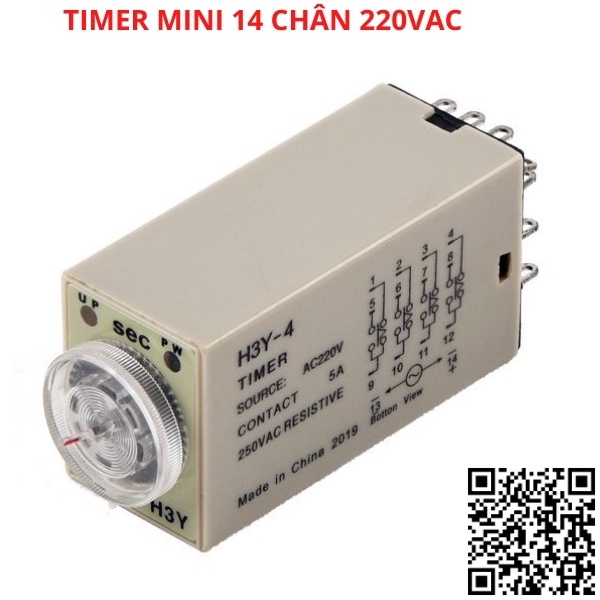 Timer hẹn giờ H3Y-4 relay mini thời gian, công tắc tự động 14 chân điện áp 220VAC tặng kèm chân đế PYF14A