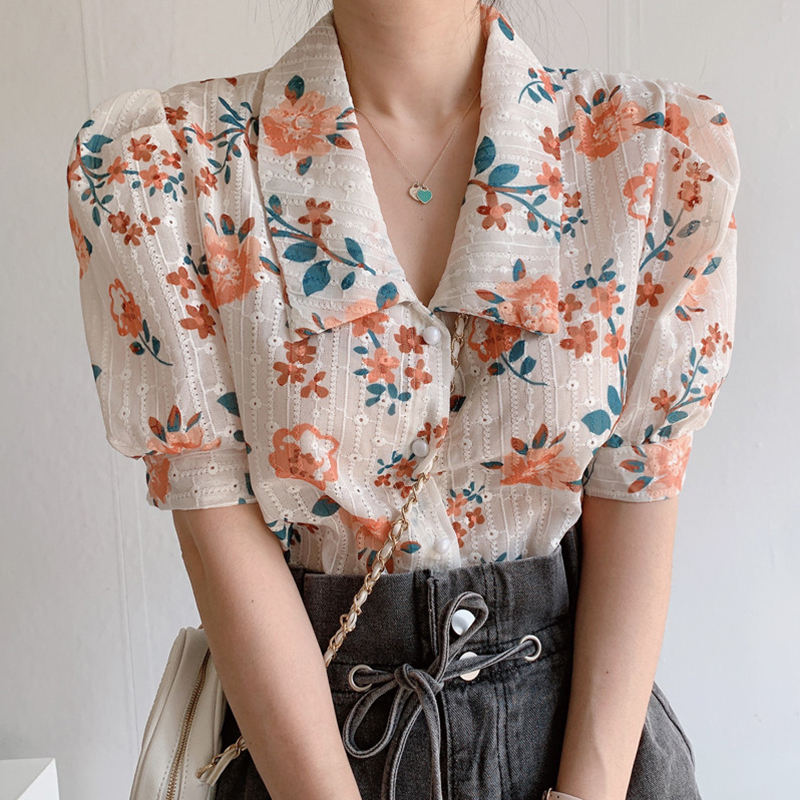 Áo Sơ Mi Nữ Tay Ngắn Thêu Hoa Phong Cách Retro Hàn Quốc