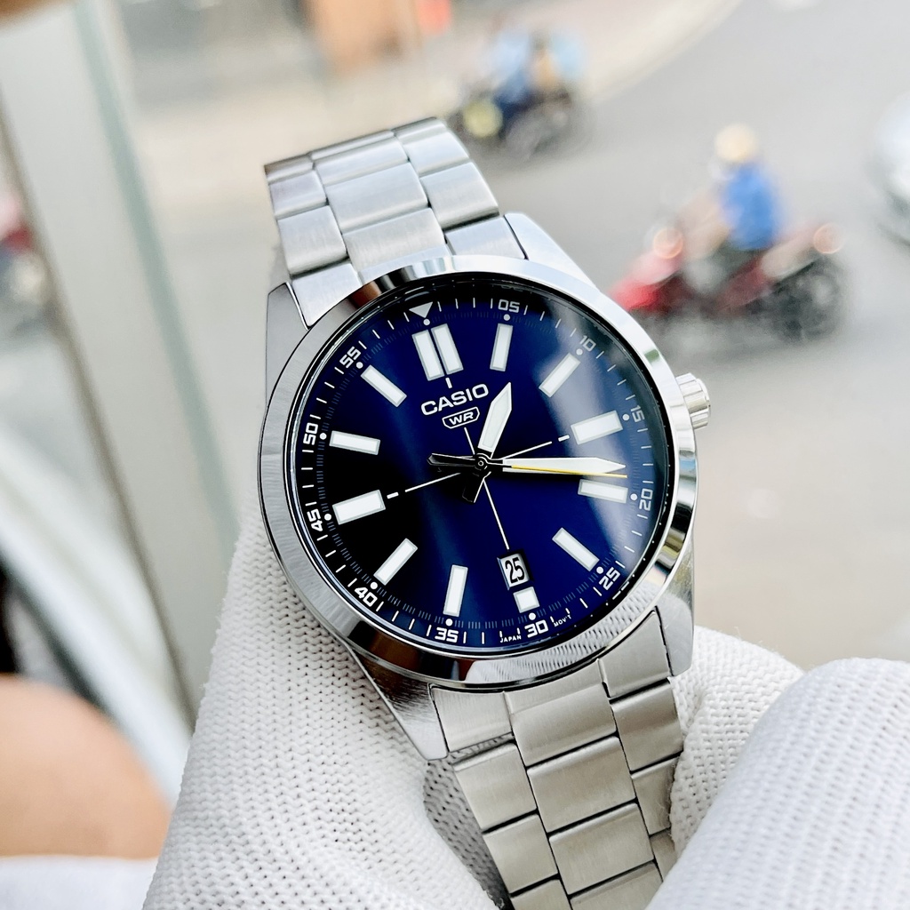 Đồng hồ nam dây thép cao cấp Casio MTP VD02D-2E mặt xanh - Size 41 Kim dạ quang Bảo hành 1 năm Hyma watch