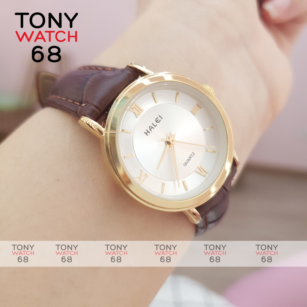 Đồng hồ nữ Halei dây da mặt vân đồng tâm viền mạ vàng chống nước chính hãng Tony Watch 68