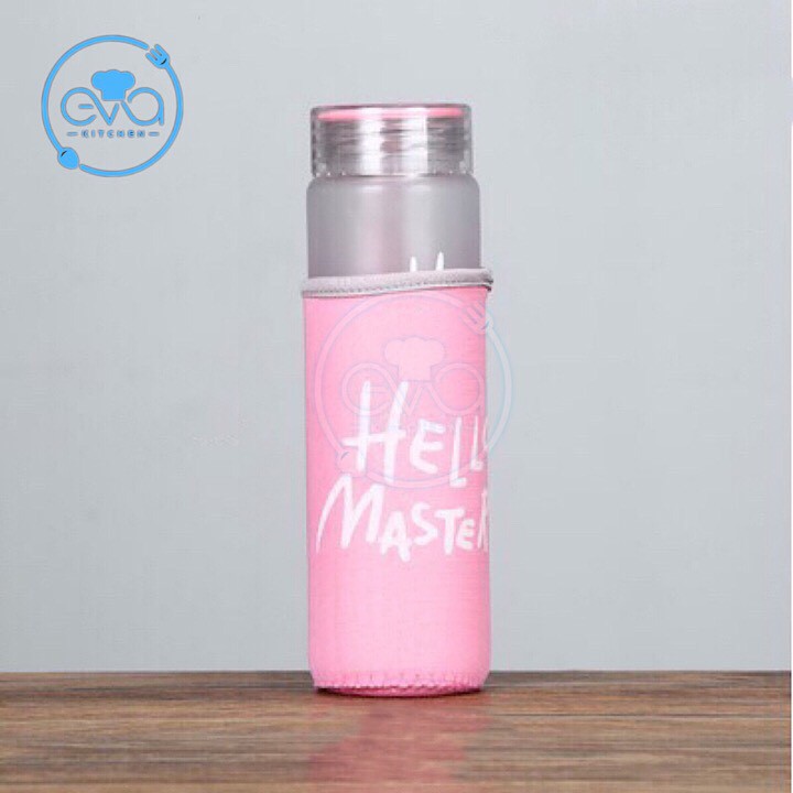 Bình Nước Thủy Tinh In Chữ  Hello Master 480ML có dây xách Kèm Võ Bọc Vải Neoprene