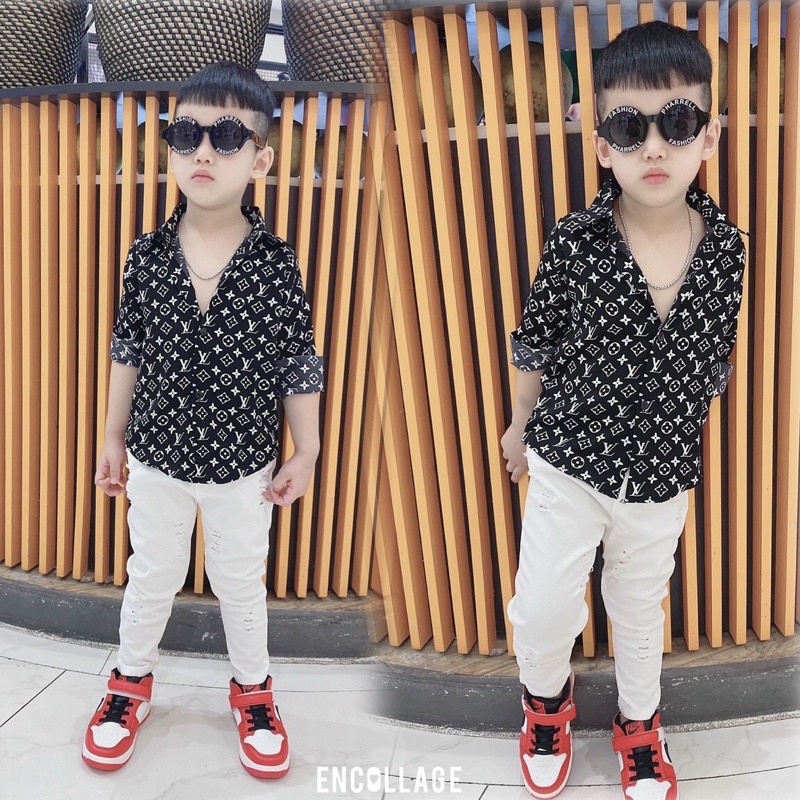 Bộ quần kaki và áo sơ mi lụa dài tay cho bé 8-18kg