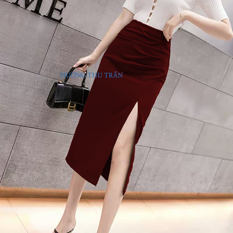 HOT Chân váy ôm xẻ đùi cao dáng dài che bụng CÓ ẢNH THẬT, Váy Bút Chì Xếp Li Bụng Xẻ Trước có cạp d68cm