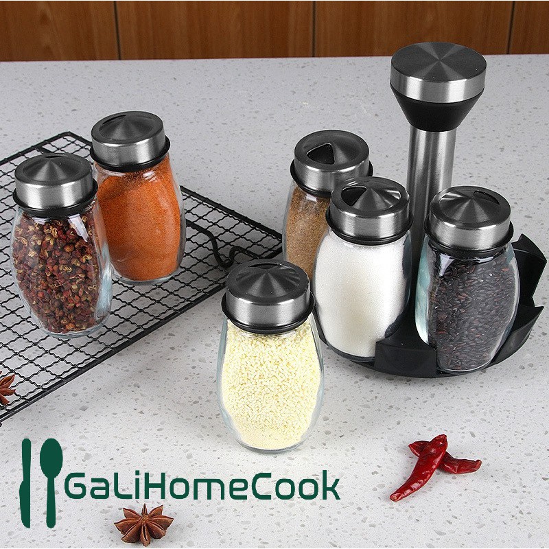 Bộ 6 lọ đựng gia vị thủy tinh kèm giá để xoay 360 độ GaliHomecook [FREESHIP-GIÁ CỰC SỐC]