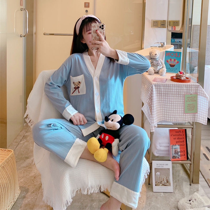 Bộ đồ ngủ tay dài phong cách Hàn Quốc thời trang xuân thu mới cho nữ