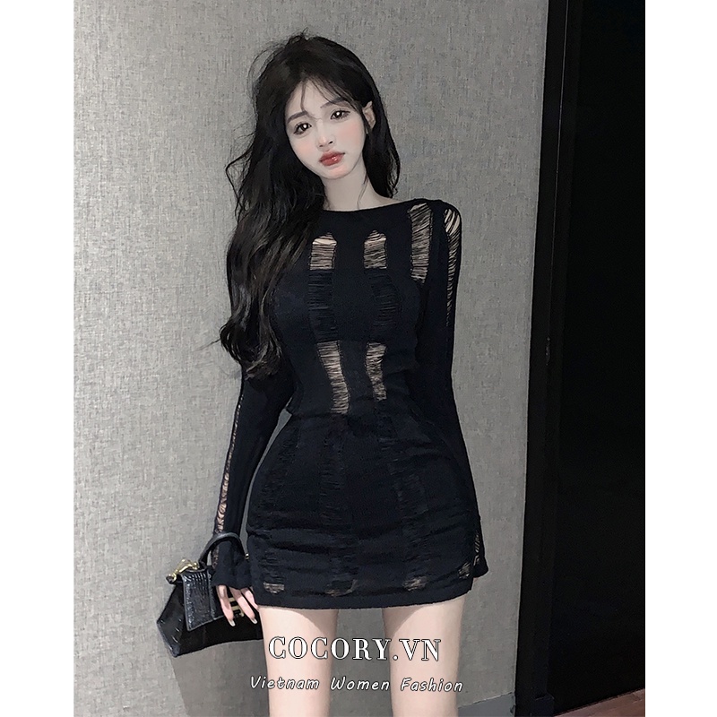 Cocory vn Áo Dệt Kim Tay Dài Dáng Ôm Khoét Lỗ Thời Trang Quyến Rũ Cho Nữ