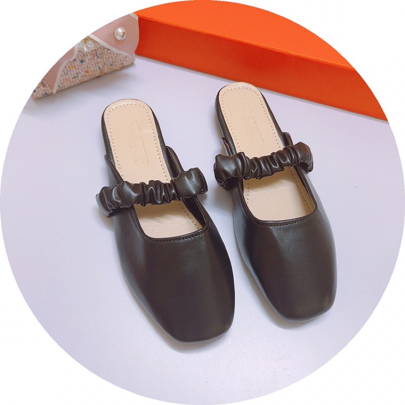 Dép sục bệt mũi vuông phối quai nhún ngang da lì