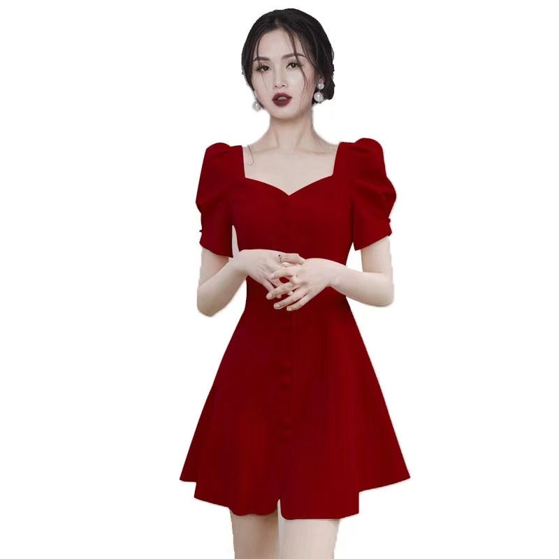 Đầm dáng chữ A cổ vuông phong cách Pháp retro 2022 mùa hè mới nhỏ gọn trẻ trung dành cho nữ