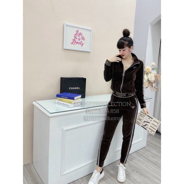 Bộ nhung tăm nữ dày ấm phối sọc thể thao L XL XXL XXXL