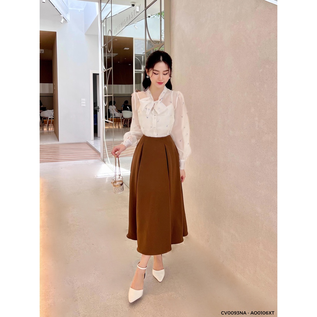Set áo sơ mi cổ nơ chân váy nâu chiết ly xoè Lep'