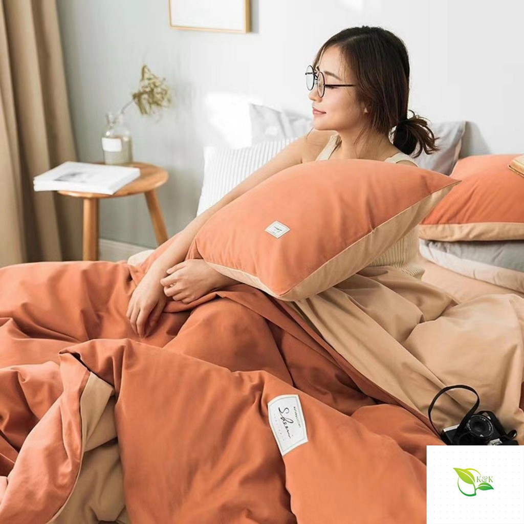 Bộ chăn ga gối đệm Cotton Tici màu cam đất phối be Nhập Khẩu Hàn Quốc