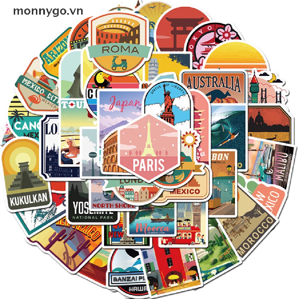 50pcs Travel City Landscape Cartoon Graffiti Sticker Suitcase Waterproof Sticker