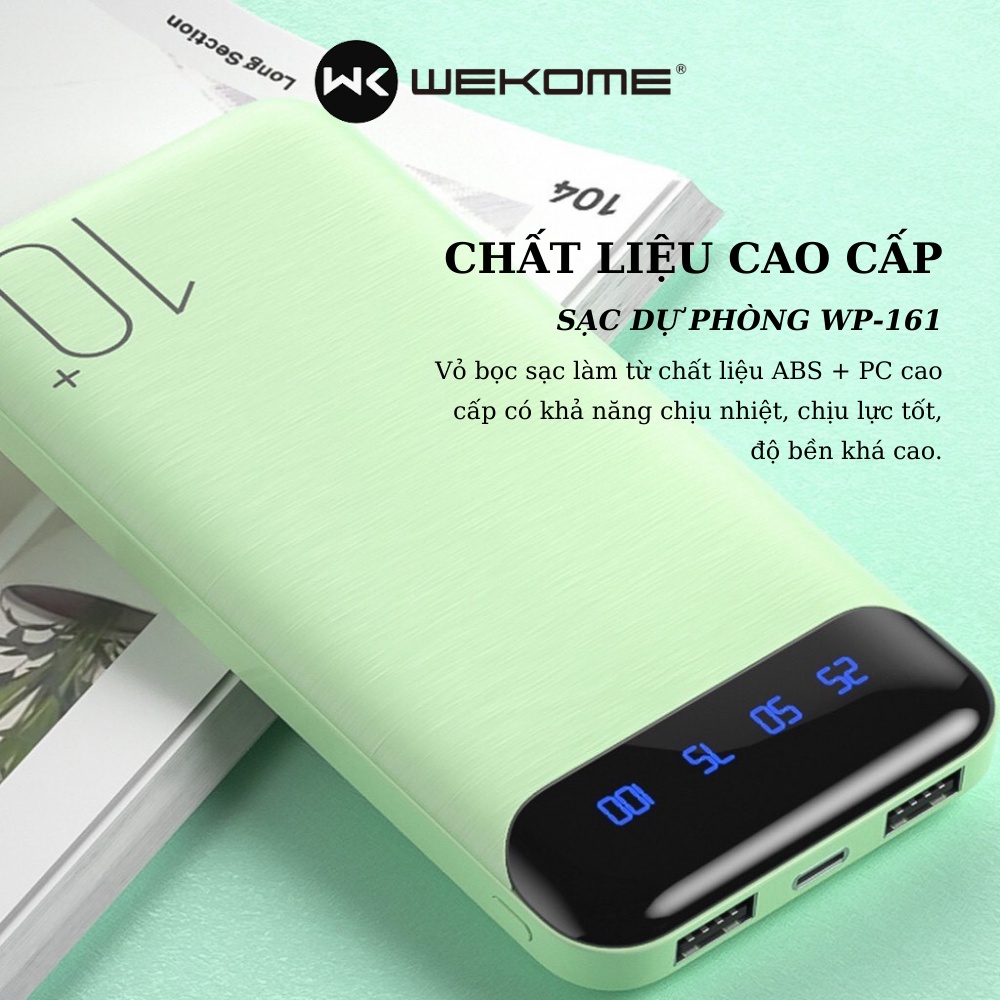 Sạc dự phòng 10000mah WEKOME WP161,  pin tích điện thiết kế nhỏ gọn cầm tay đèn lead hiển thị phần trăm pin kèm cáp sạc