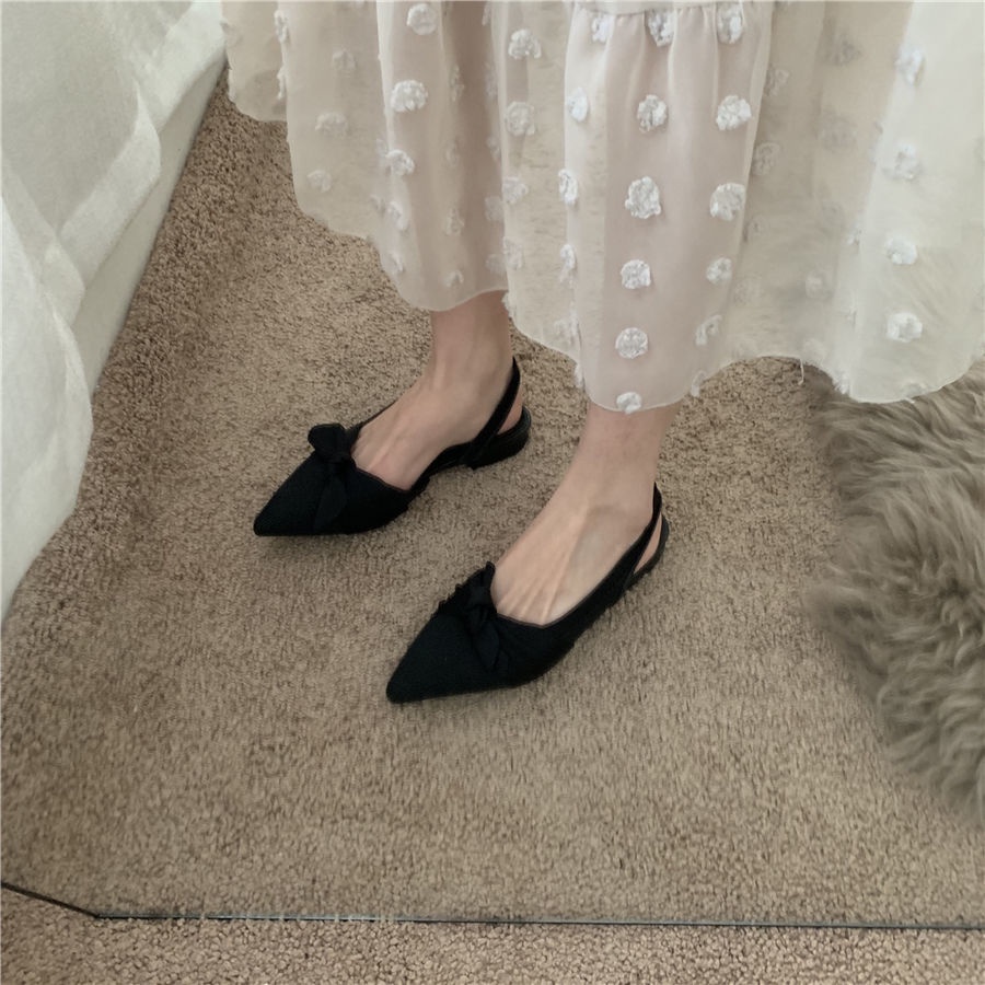 ✷French fairy bow low-heeled shoes Spring/Summer 2021 new back pull knit high heel sandals female