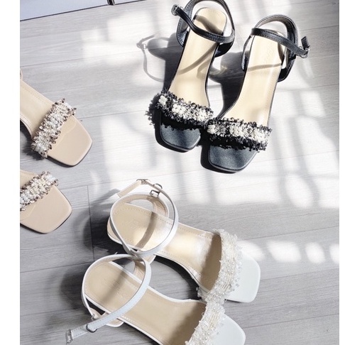 Sandal thổ cẩm đính ngọc gót vuông 3cm tag vàng sang chảnh mã QH18