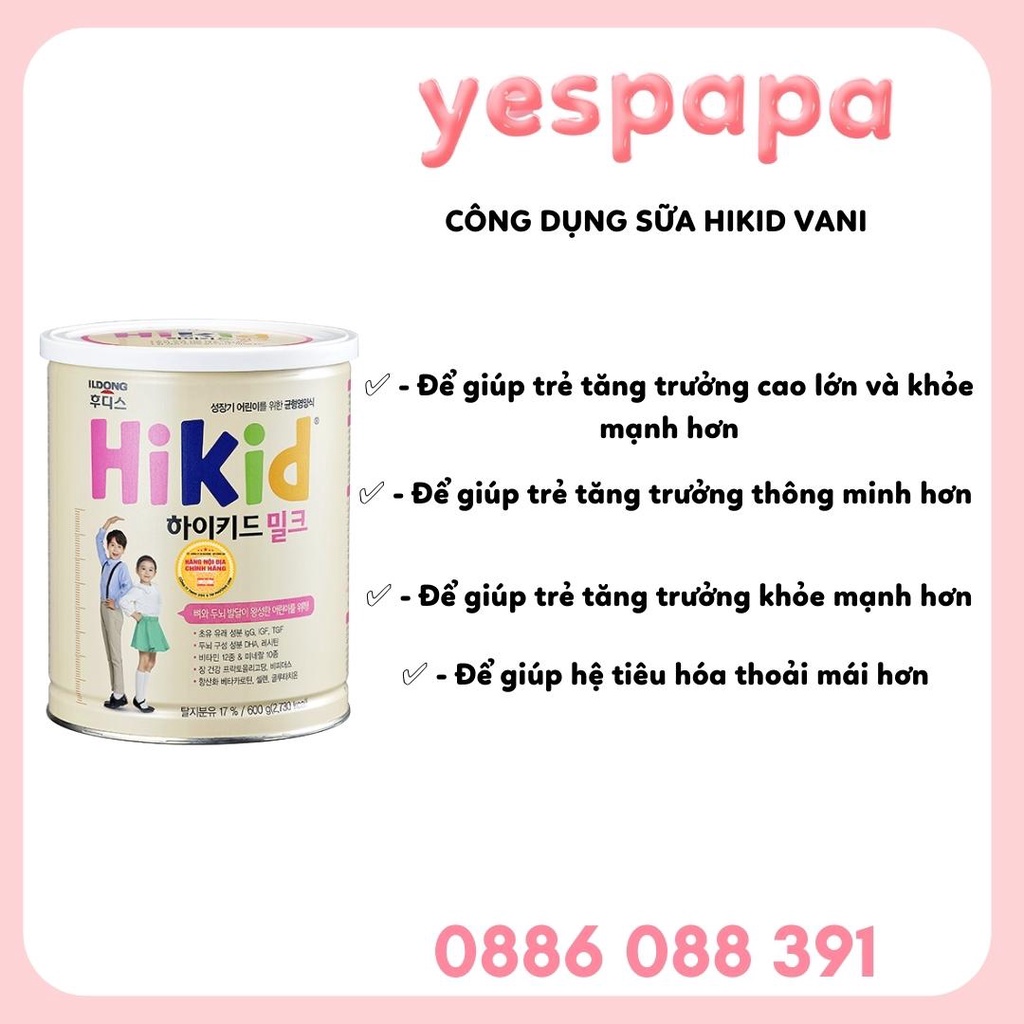 [TPHCM] Sữa Hikid tăng chiều cao vị Vani, Socola, Premium - Nội địa Hàn Quốc 600g