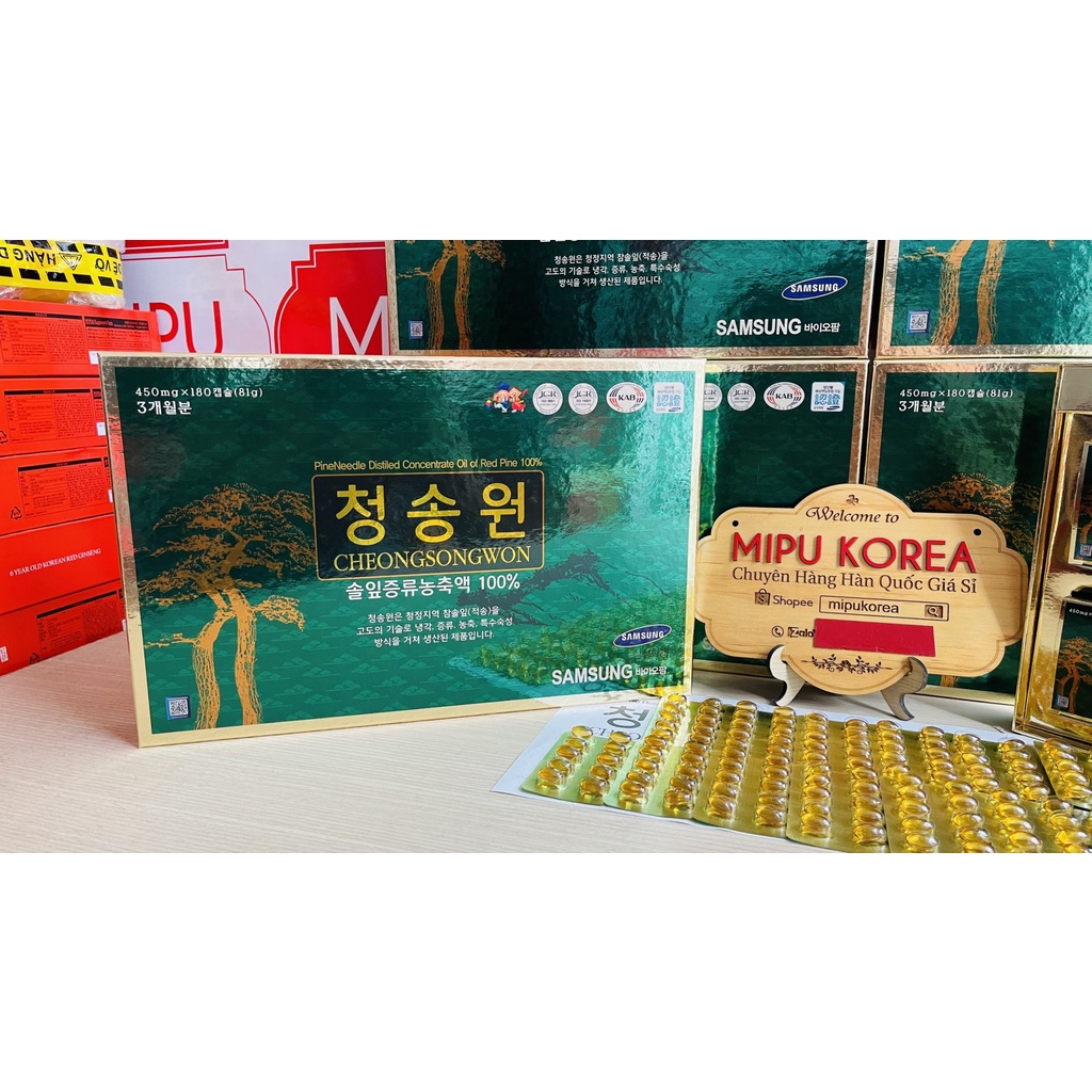 (Date 8/2025) Tinh Dầu Thông Đỏ Hộp Xanh Samsung CheongSongWon 180 viên