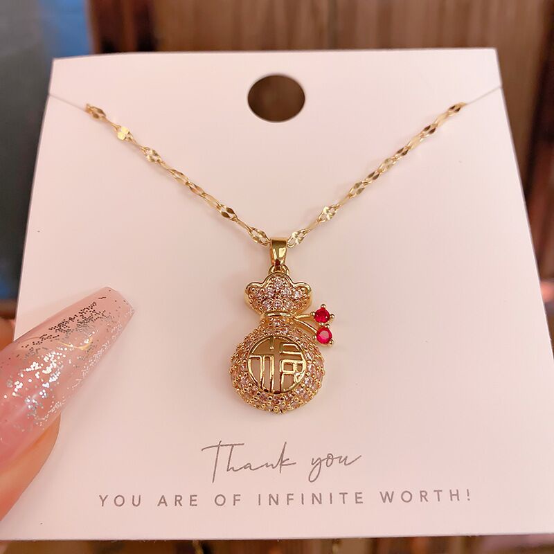 dây chuyền nữ 100% TITAN - KHÔNG GỈ - KHÔNG PHAI MÀU 18k vàng kim cương may mắn Trung Quốc &quot;Fu&quot; Túi tiền mặt vòng cổ