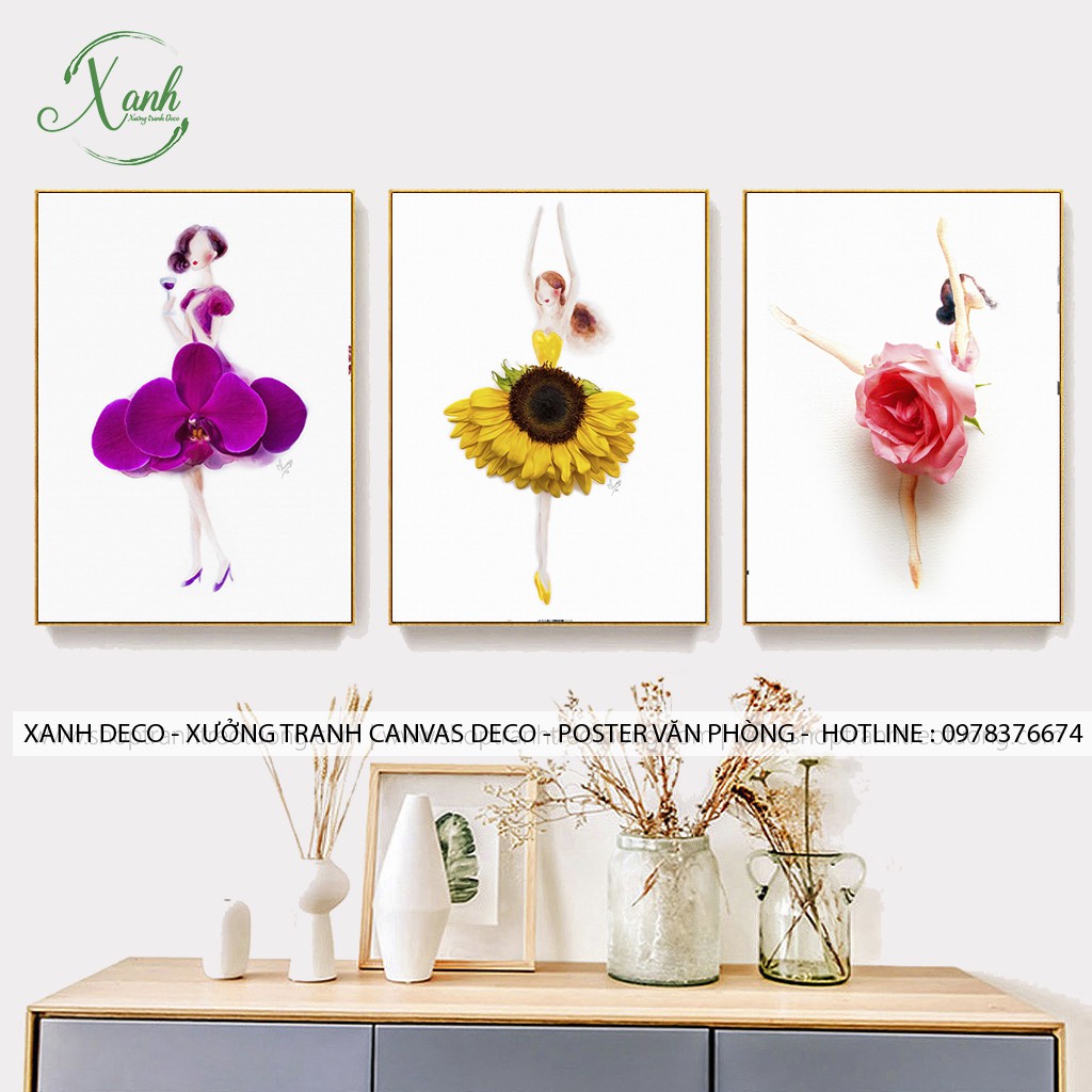 Bộ tranh canvas treo tường cô gái và hoa múa ba lê TCV15 tặng đinh treo tranh