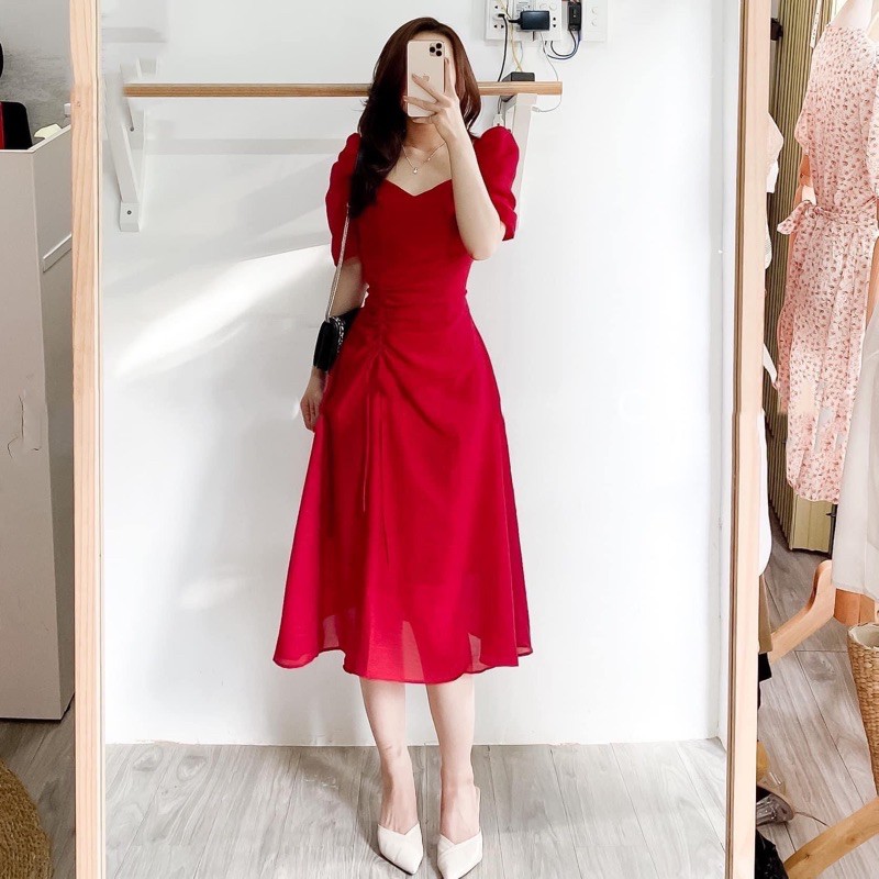 Đầm váy trắng cổ V tùng rút dây